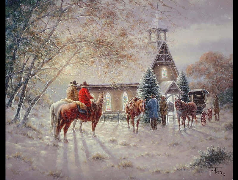 A Painting Of A Church With Horses In Front Of It Wallpaper