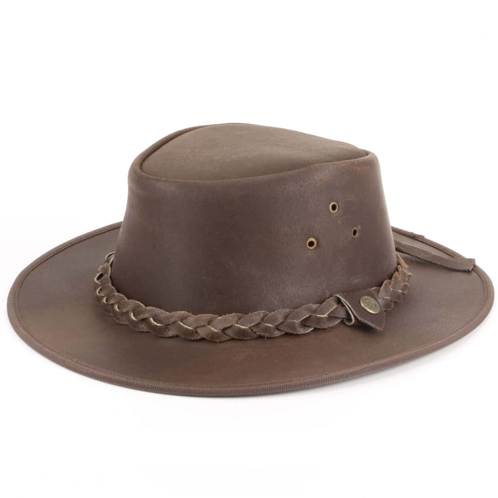A Brown Leather Hat With Braided Brim