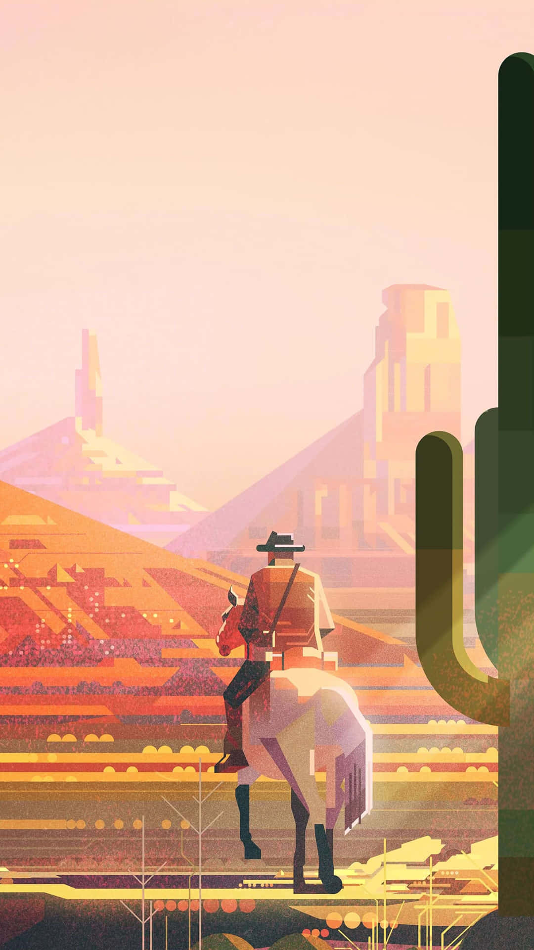 En mand rider på en hest tæt på en ørken fyldt med kaktusser. Wallpaper