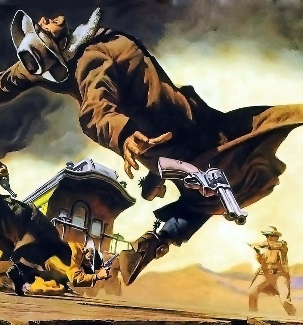 En maleri af en mand i en cowboysæt. Wallpaper
