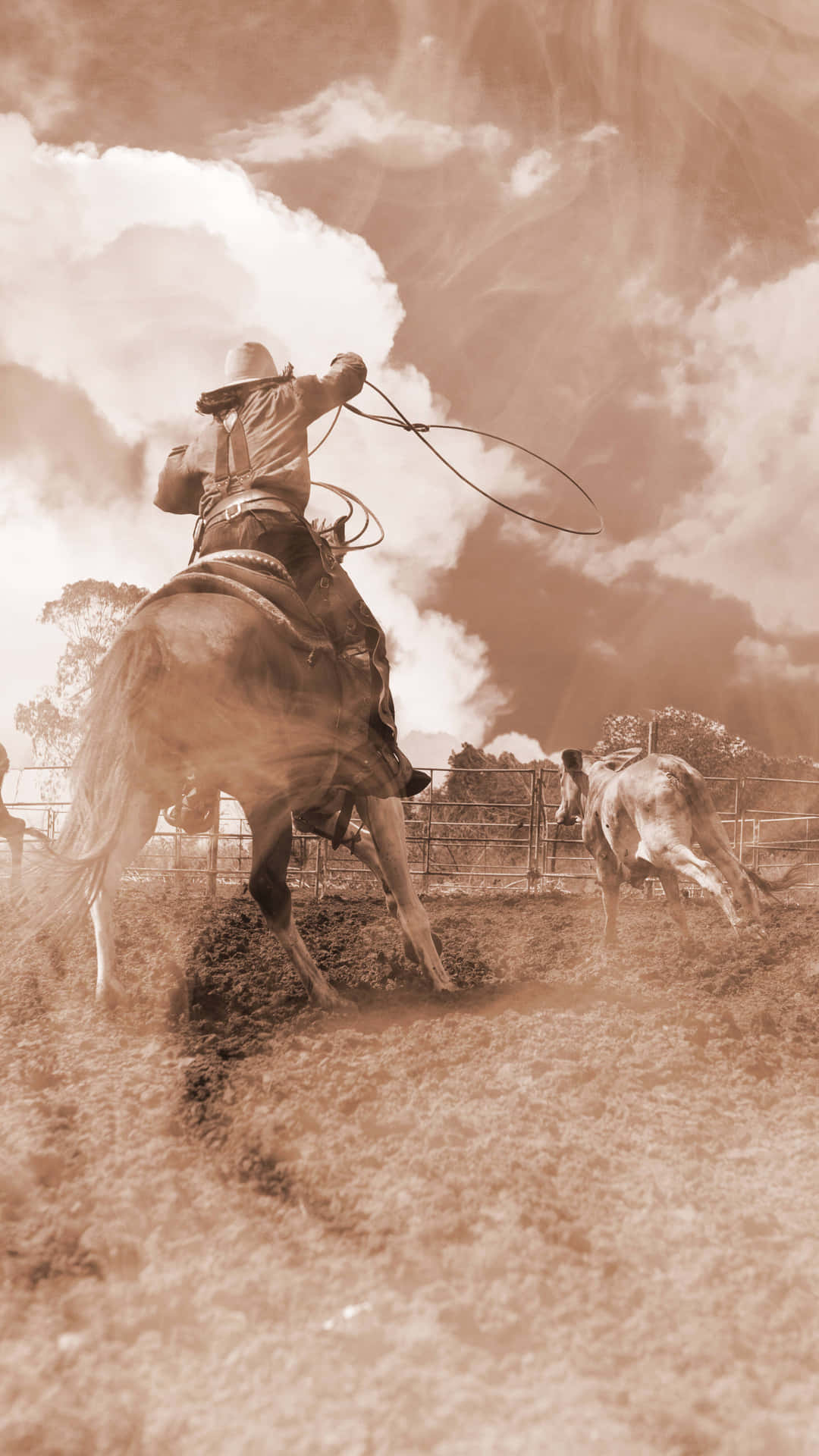 Cowboy_ Touwtrekken_ Runderen_ Sepia_ Toon Achtergrond