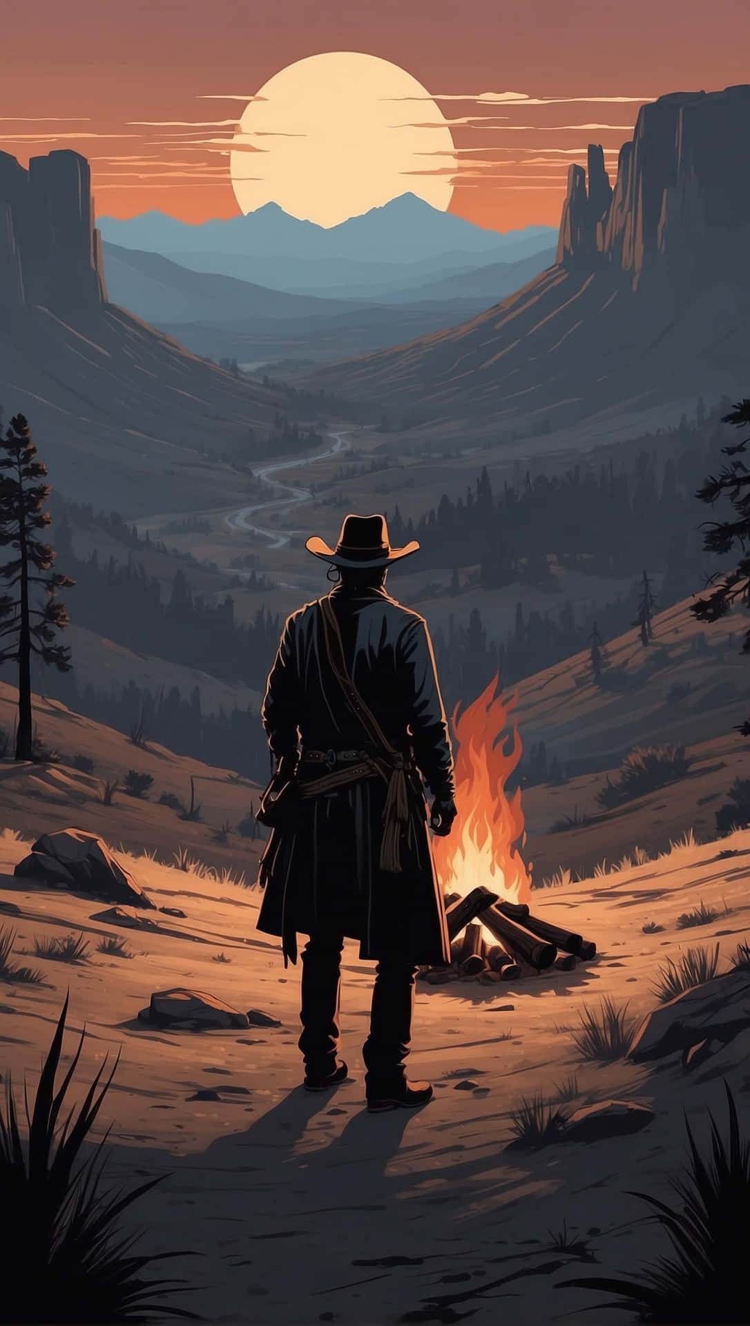 Karya Seni Cowboy Sunset Valley Wallpaper