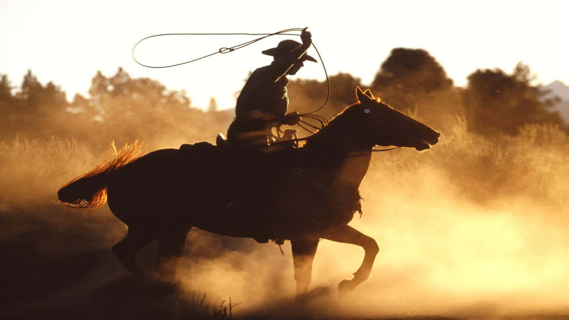 Silhouette of Cowboys Riding at Sunset