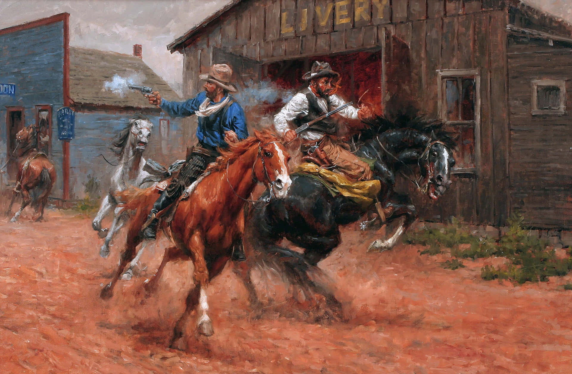 Caption: Two Cowboys Riding Horses through a Beautiful Scenic Landscape