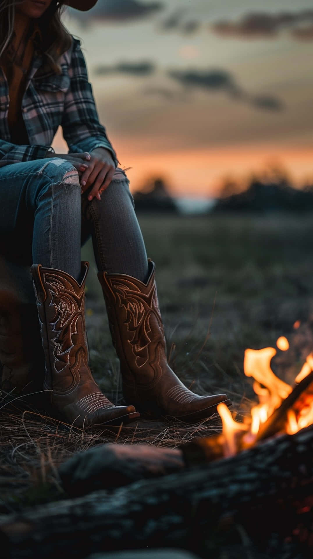Cowgirl Boots Campfire Sunset Wallpaper