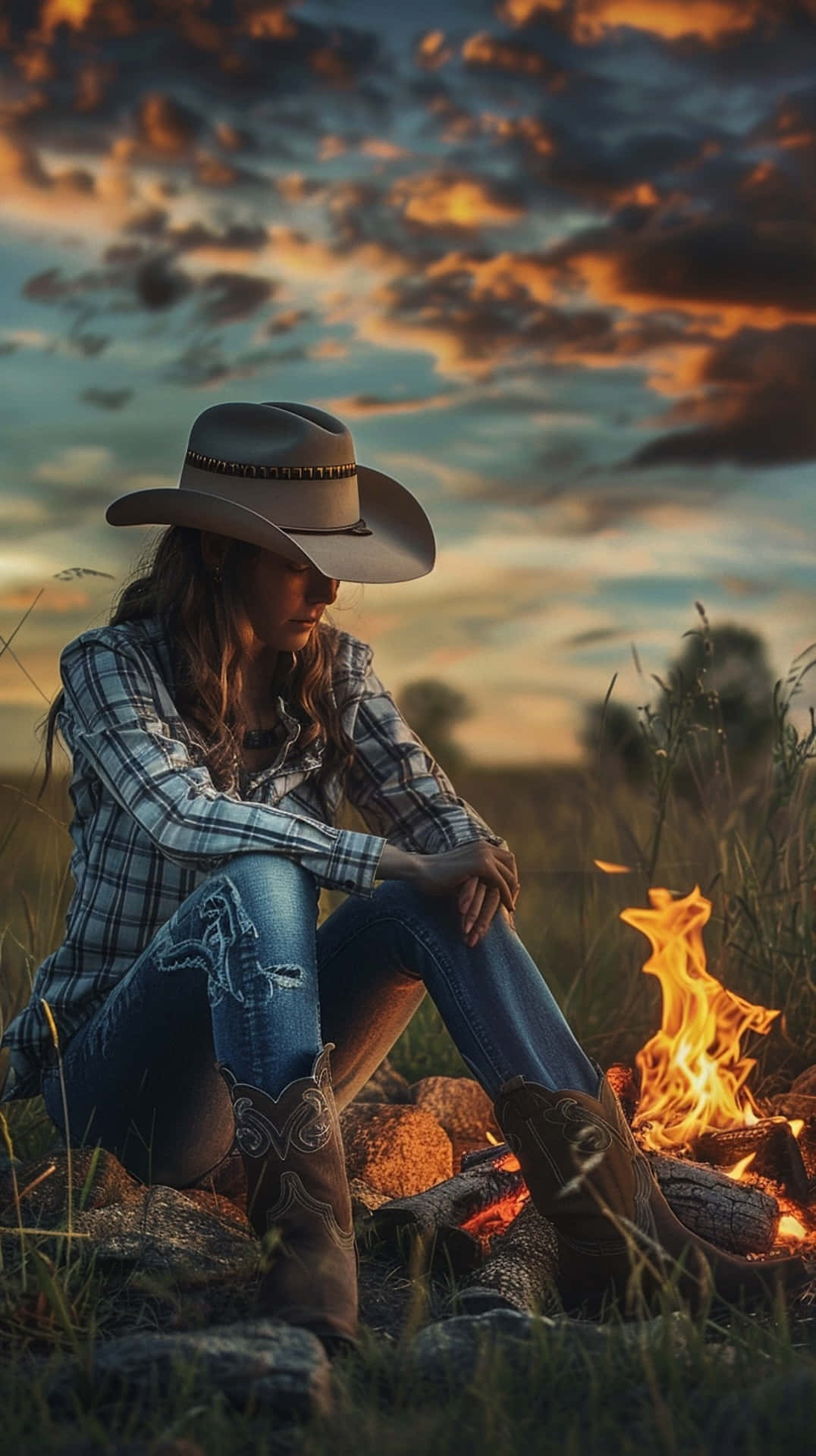 Cowgirl Sunset Campfire Aesthetic.jpg Wallpaper