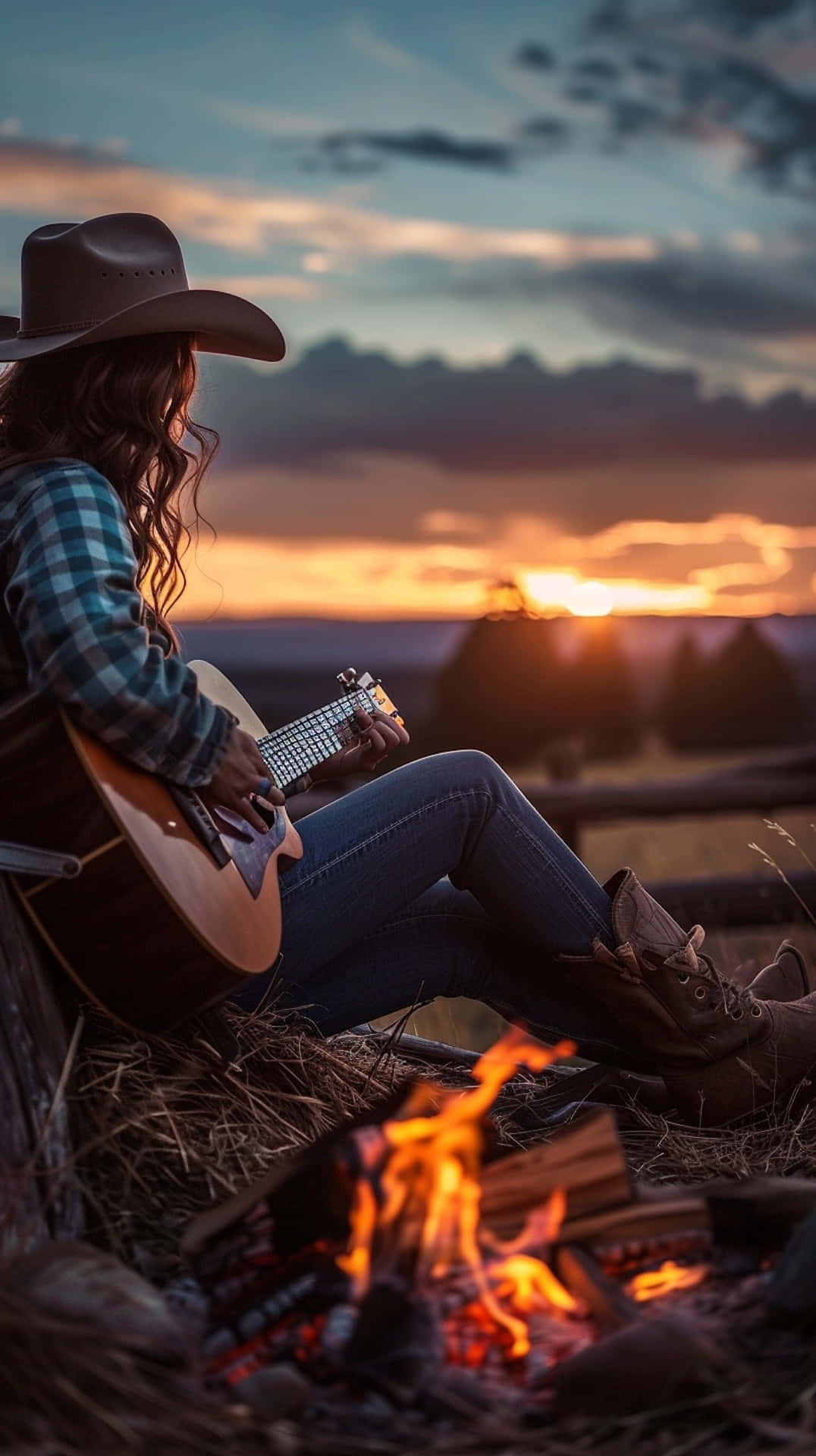 Cowgirl Sunset Guitar Serenade.jpg Wallpaper