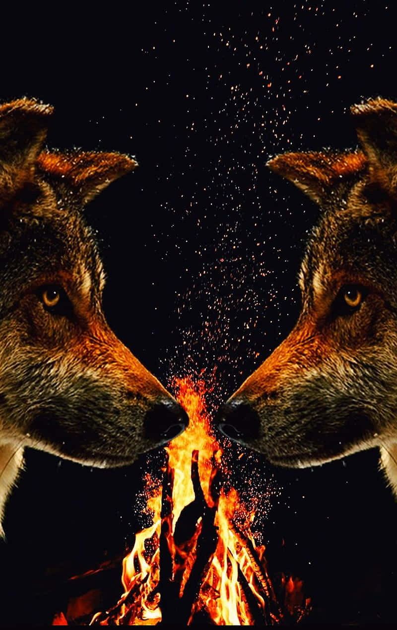 Coyotes By A Camp Fire Background