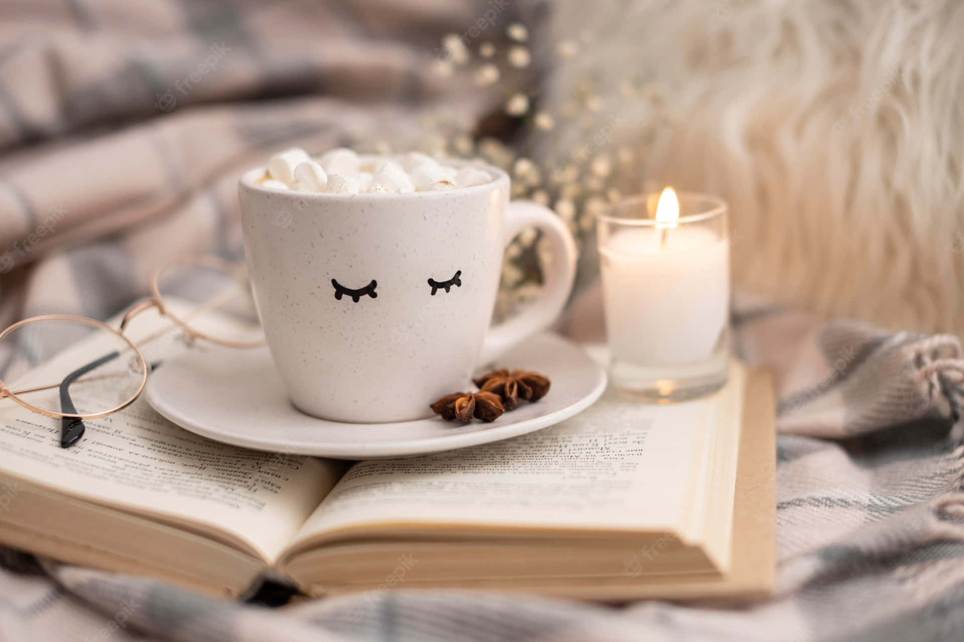 A Cup Of Hot Chocolate With Marshmallows And A Book On A Blanket