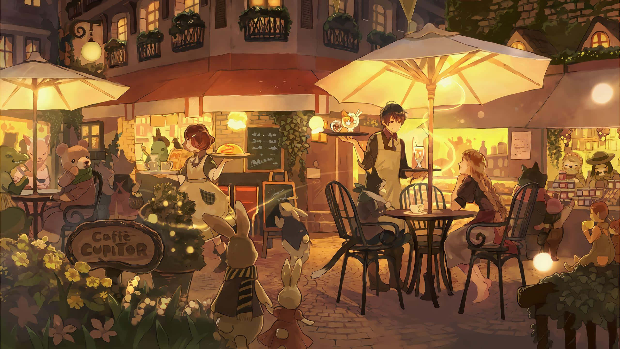 A Night Scene With People Sitting Outside At A Cafe