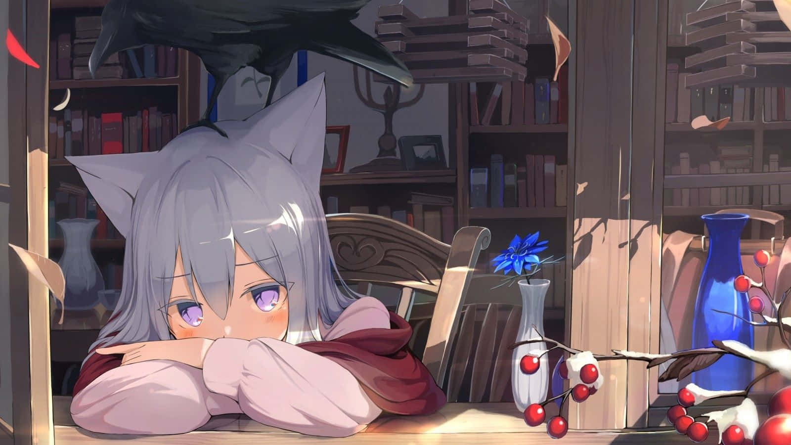 Anime girl, cozy room, animal ears, white hair, resting, library, books,  Anime, HD wallpaper | Peakpx