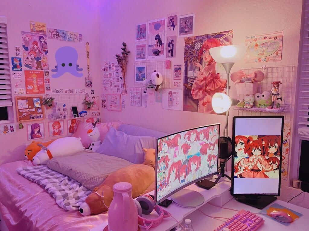 Cozy Anime Gamer Room Setup Wallpaper