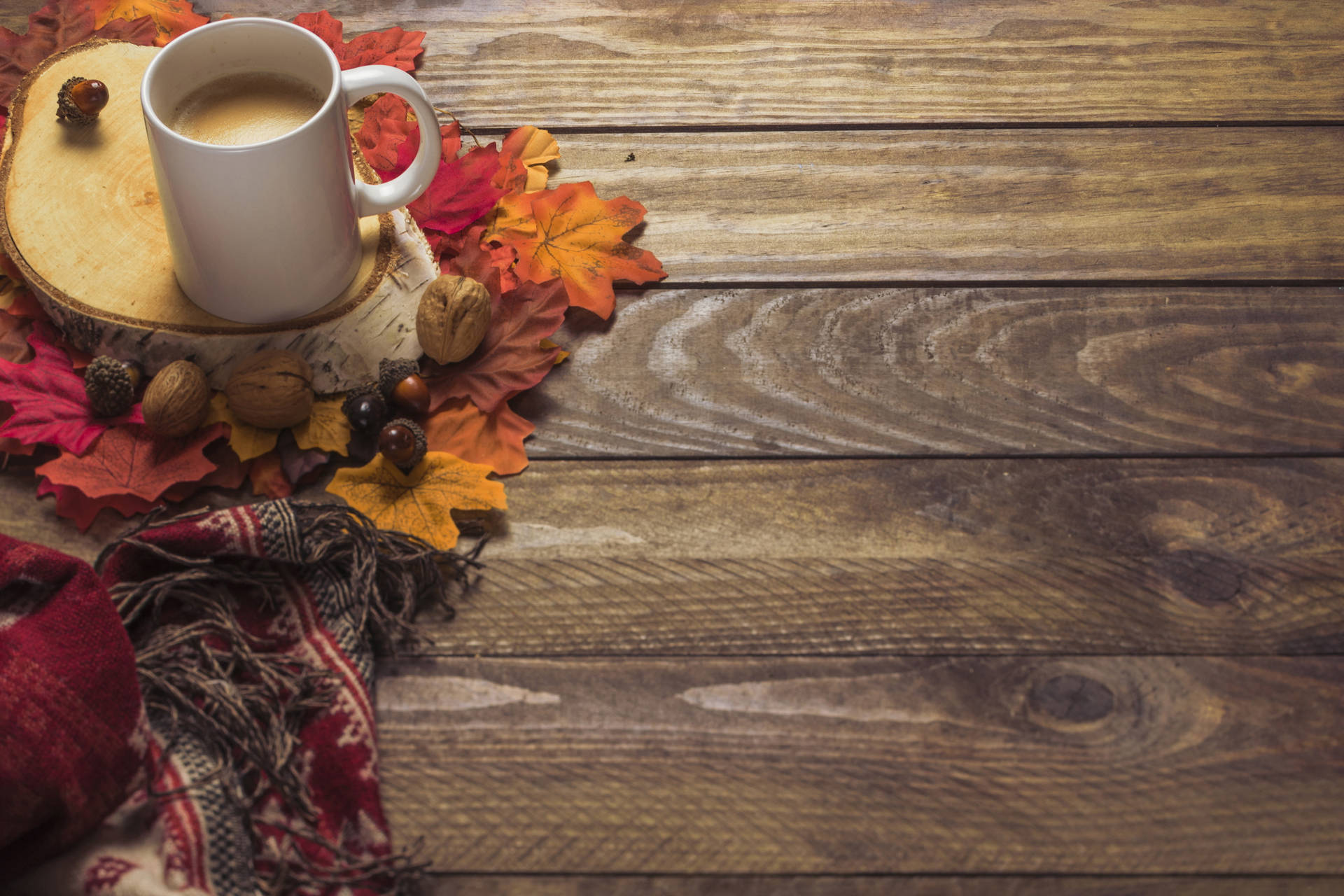 Cozy Autumn Leaves And Scarf Wallpaper