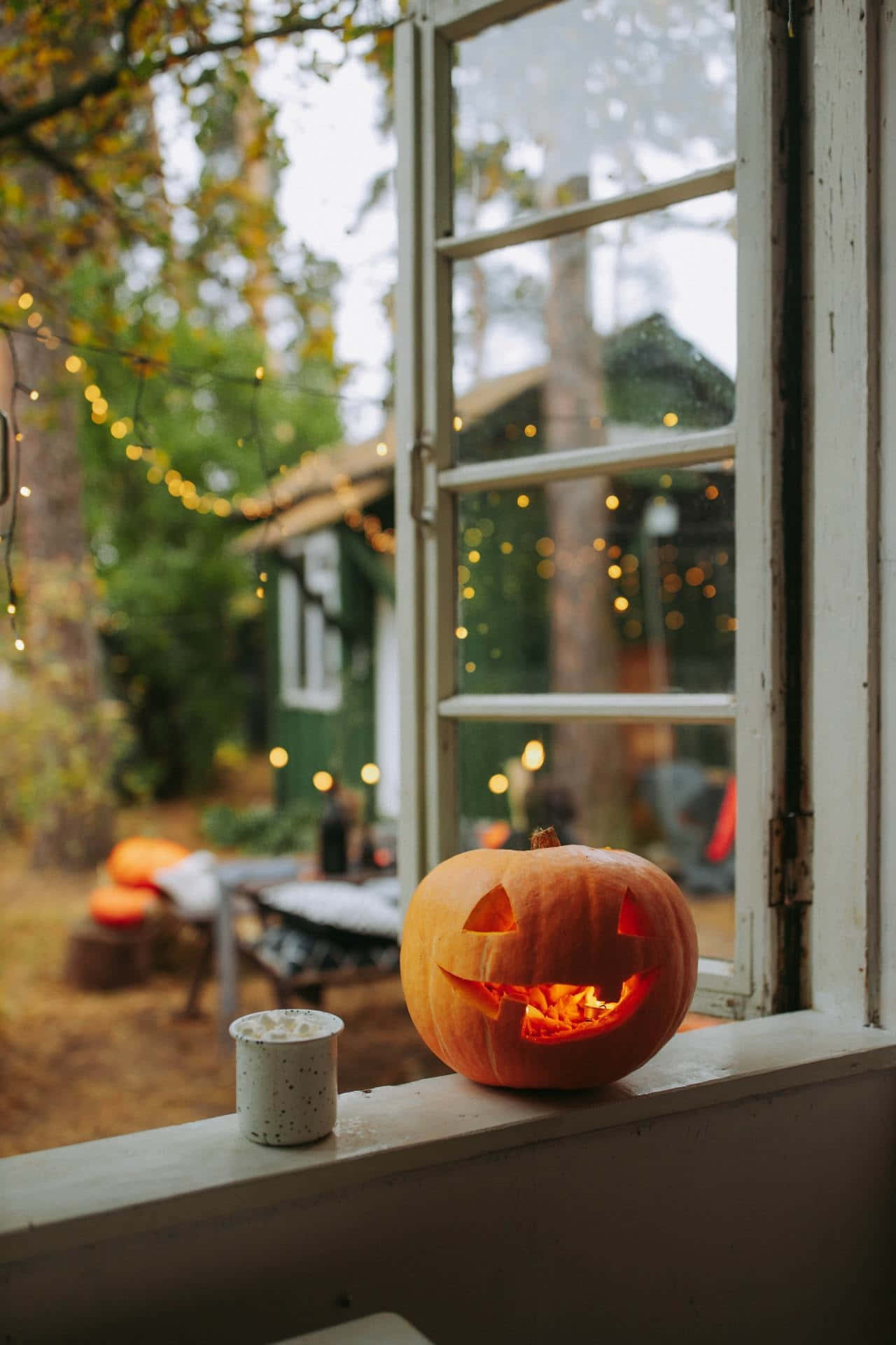 Cozy Autumn Window With Jack O Lantern Wallpaper