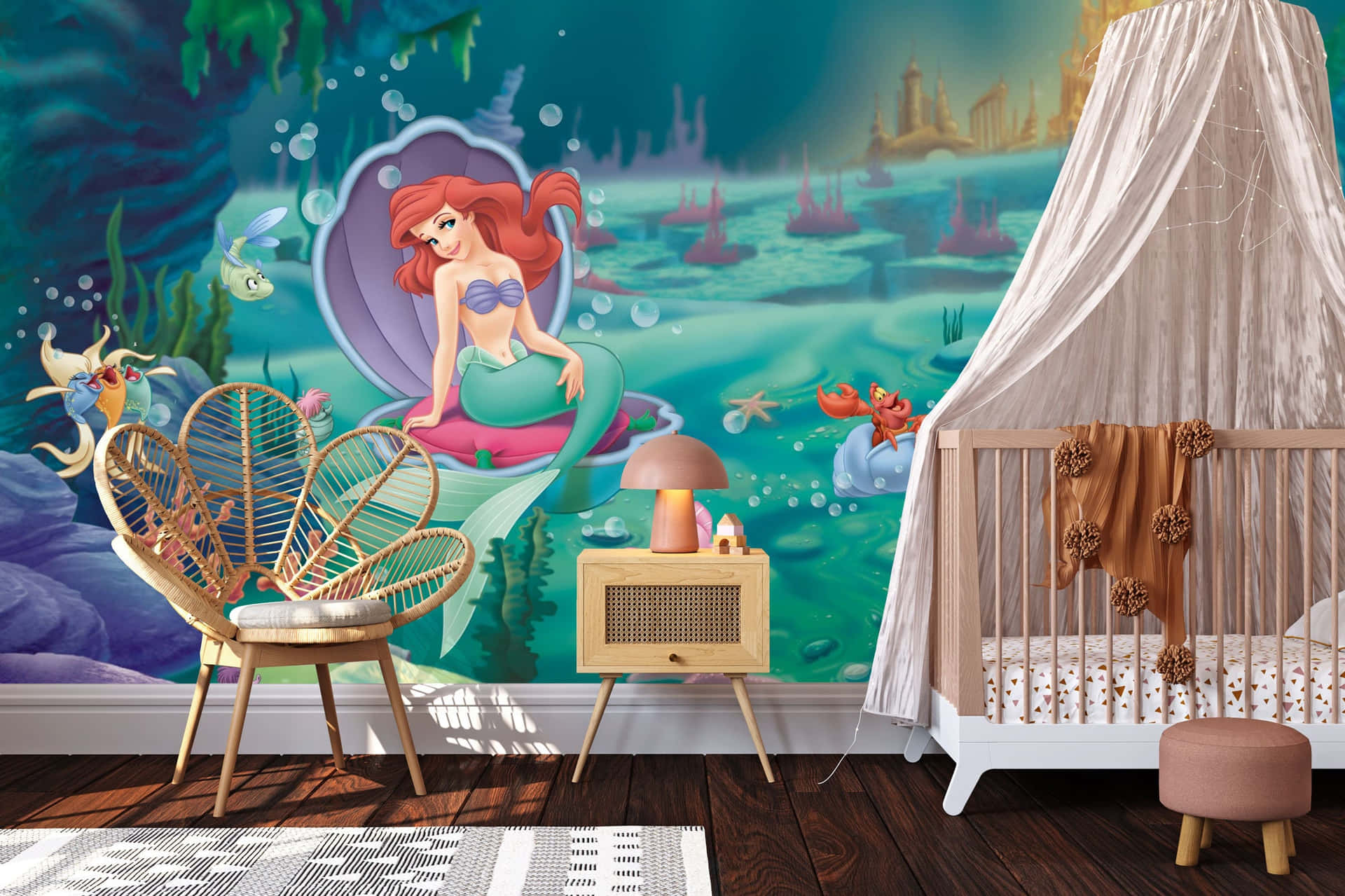 Cozy Bedroom With The Little Mermaid Design Wallpaper