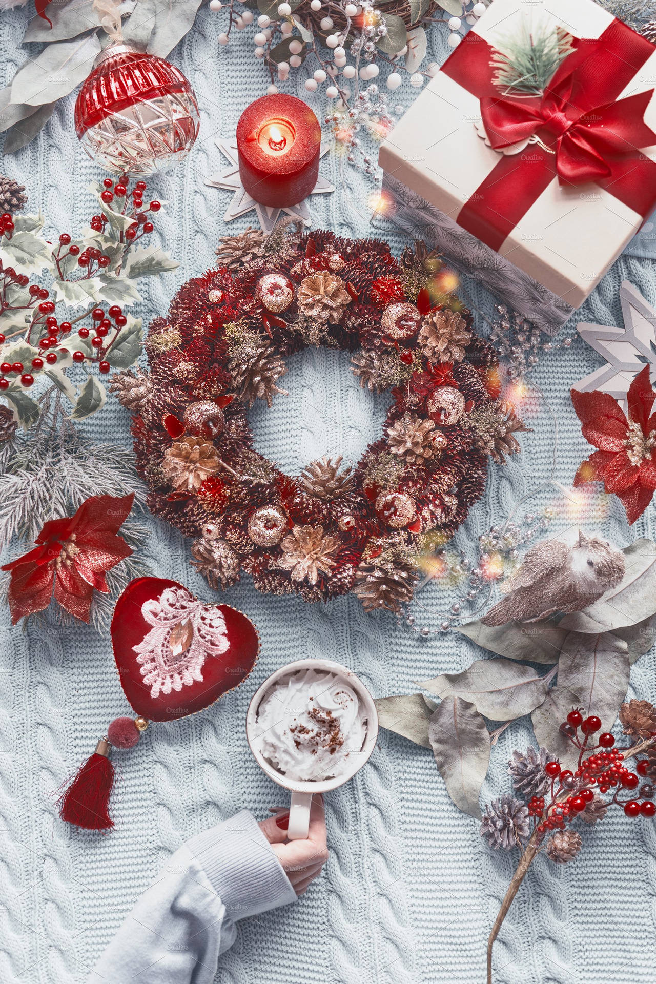 Cozy Christmas Aesthetic Red Wreath Wallpaper