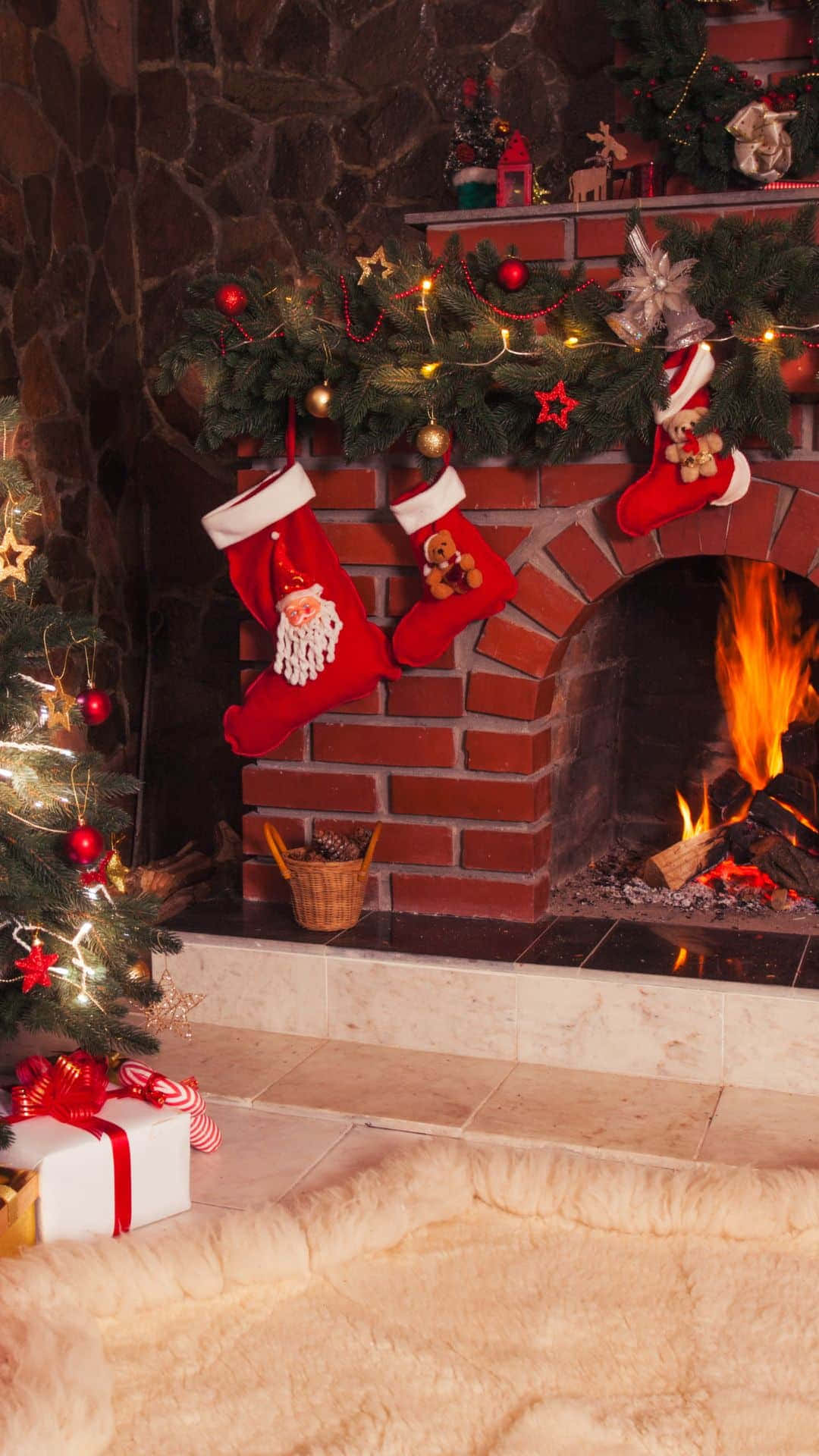 Cozy Christmas Fireplace Decor Wallpaper