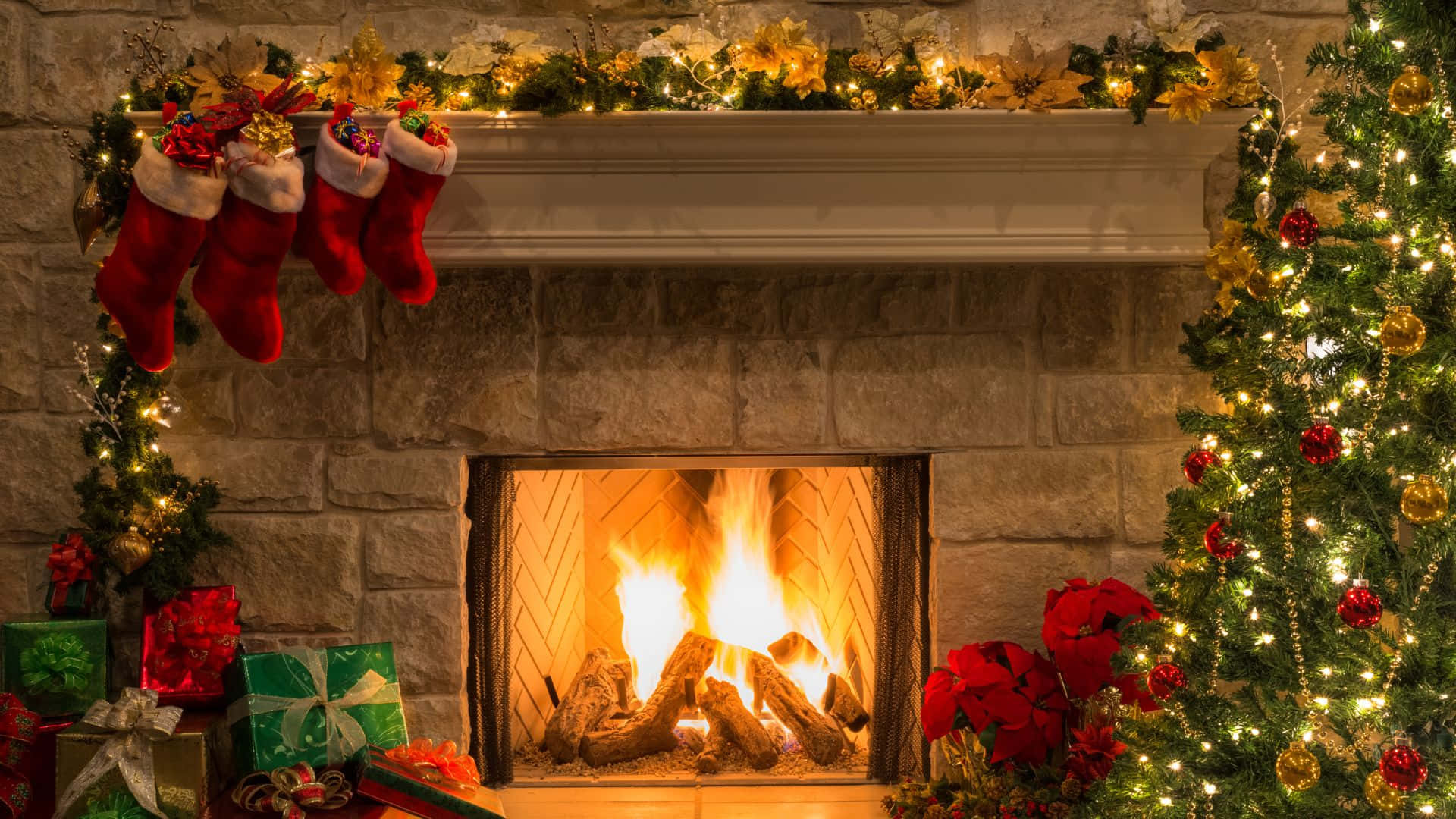 Cozy Christmas Fireplace Decor Wallpaper