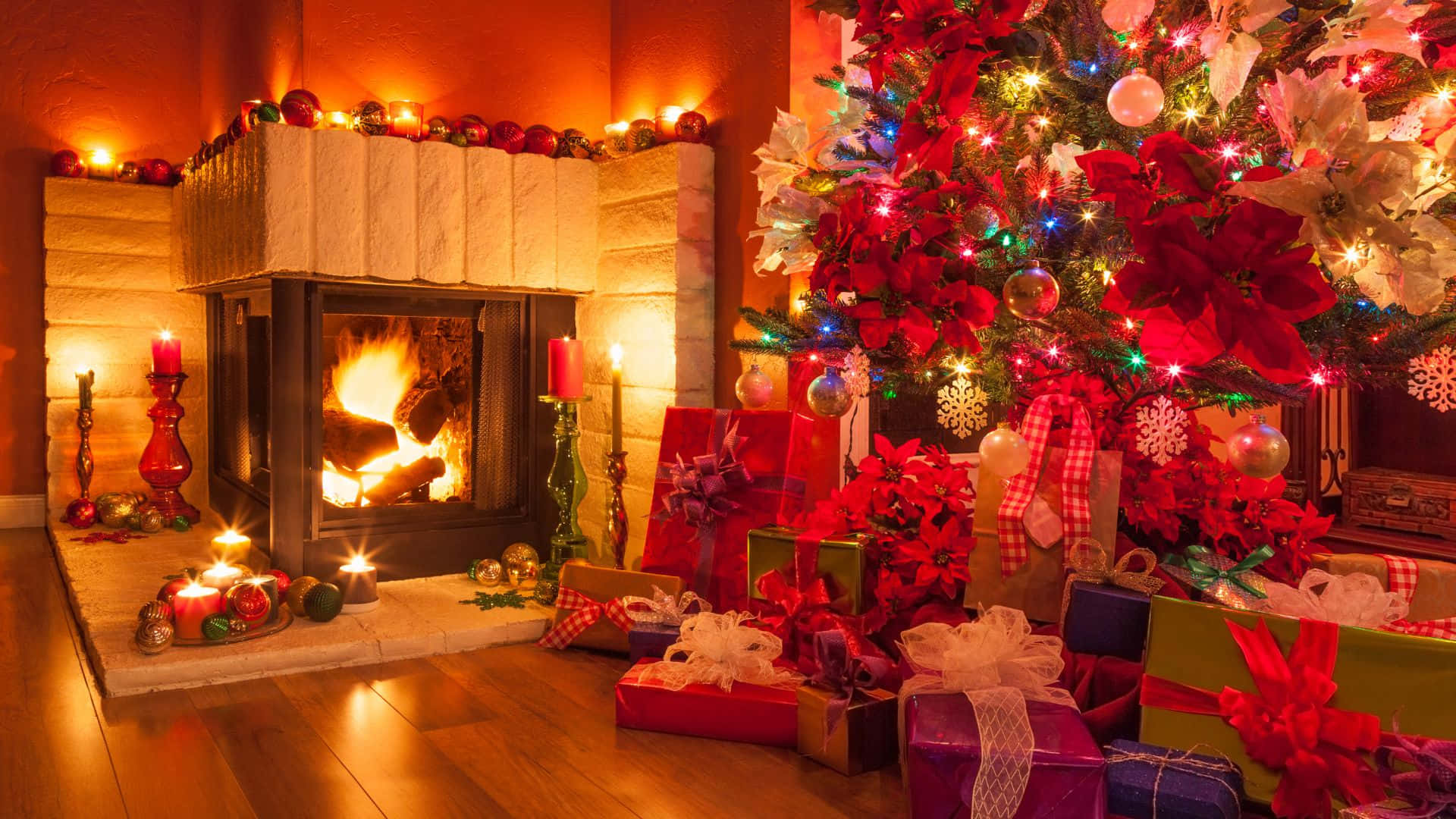 Download Cozy Christmas Fireplace Scene.jpg Wallpaper | Wallpapers.com