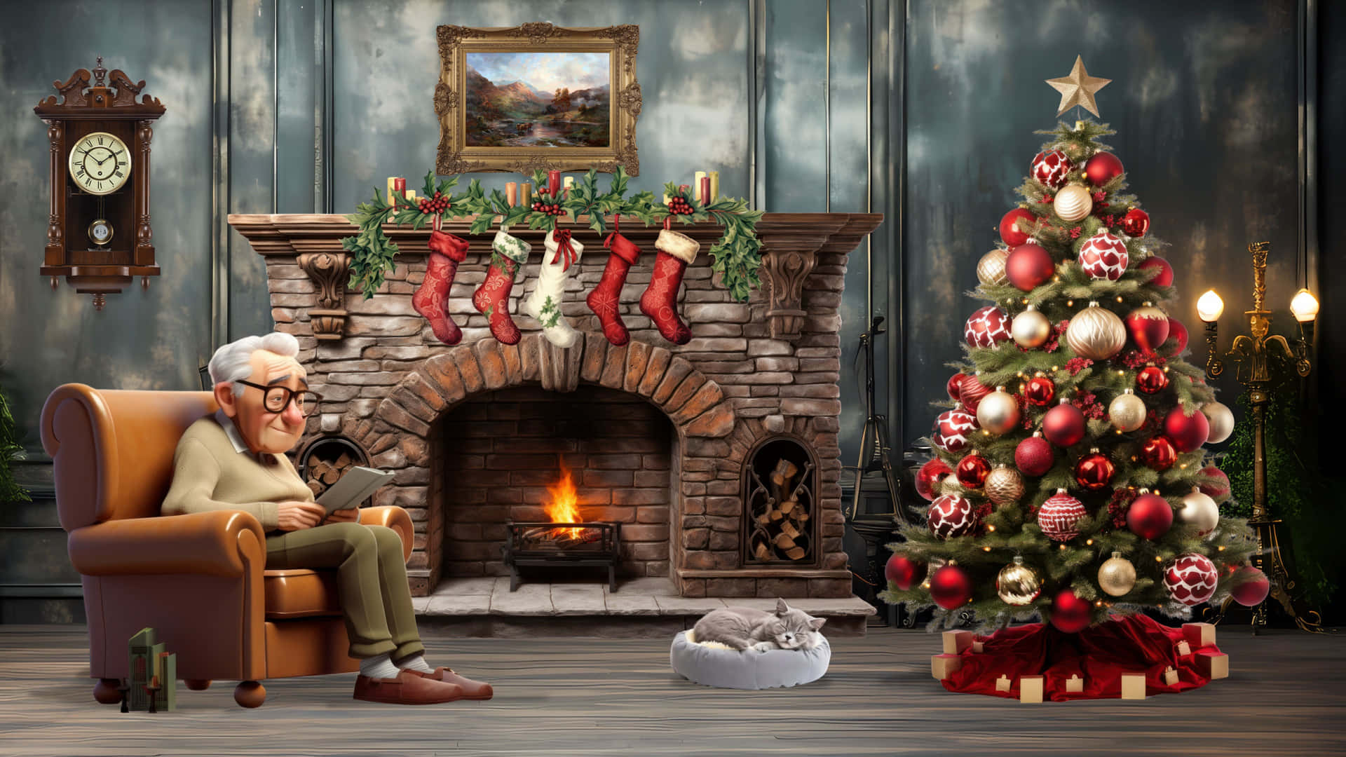 Cozy Christmas Fireplace Scene Wallpaper