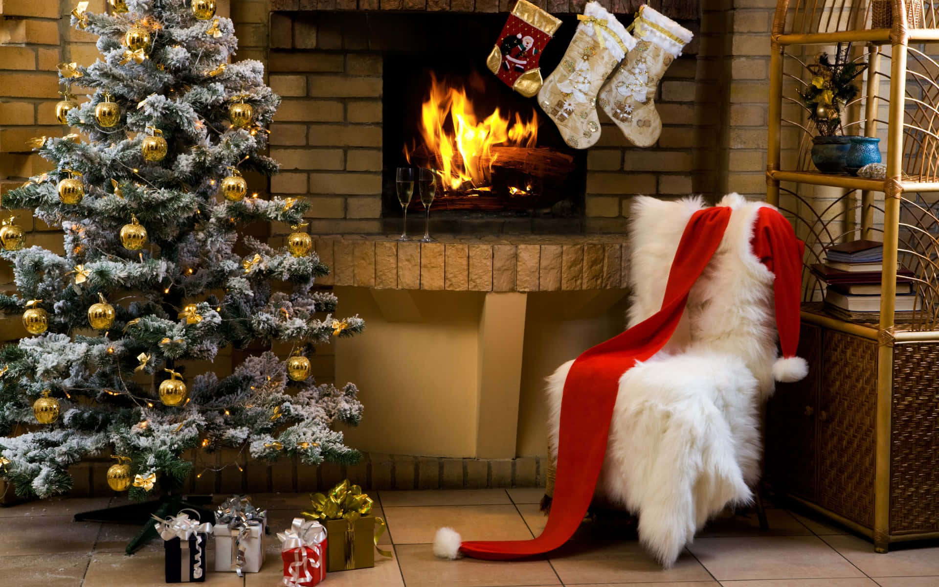 Cozy Christmas Fireplace With Decorated Tree Wallpaper