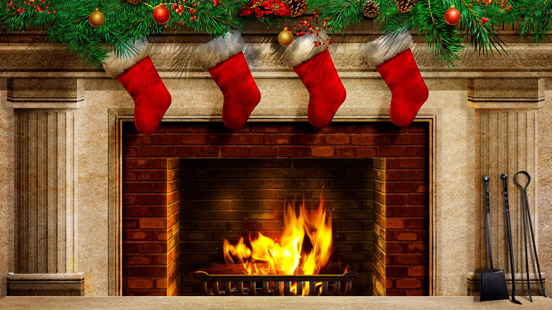 Cozy Christmas Fireplace With Stockings Wallpaper