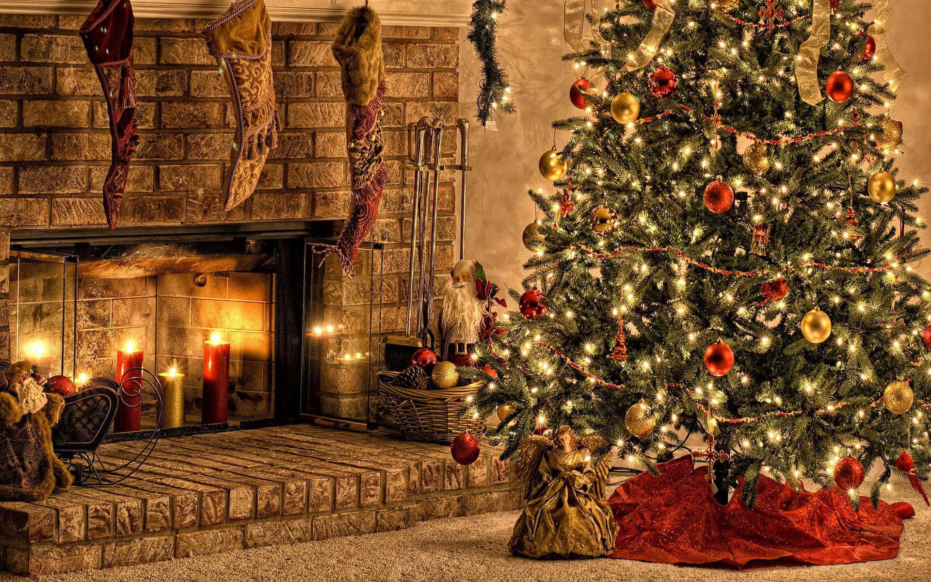 Cozy Christmas Fireplaceand Tree Wallpaper