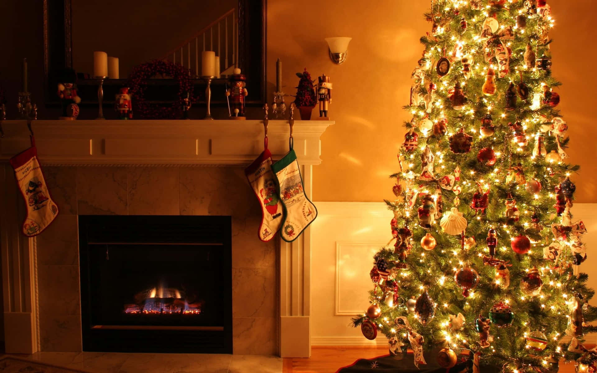 Cozy Christmas Fireplaceand Tree Wallpaper