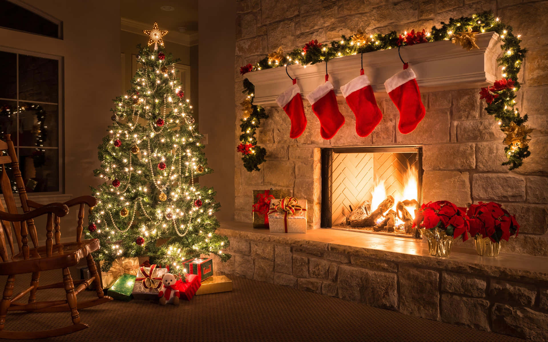 Cozy Christmas Fireplaceand Tree Wallpaper