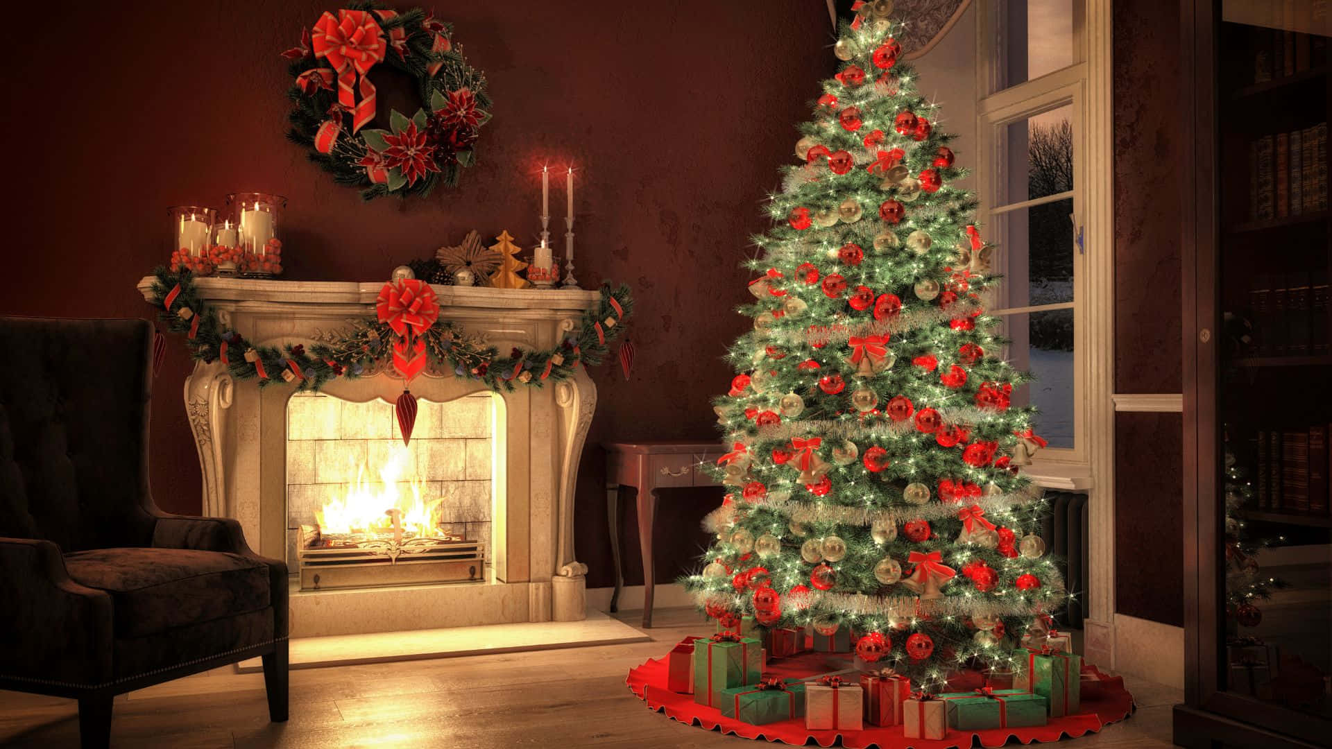 Cozy Christmas Fireplaceand Tree Wallpaper