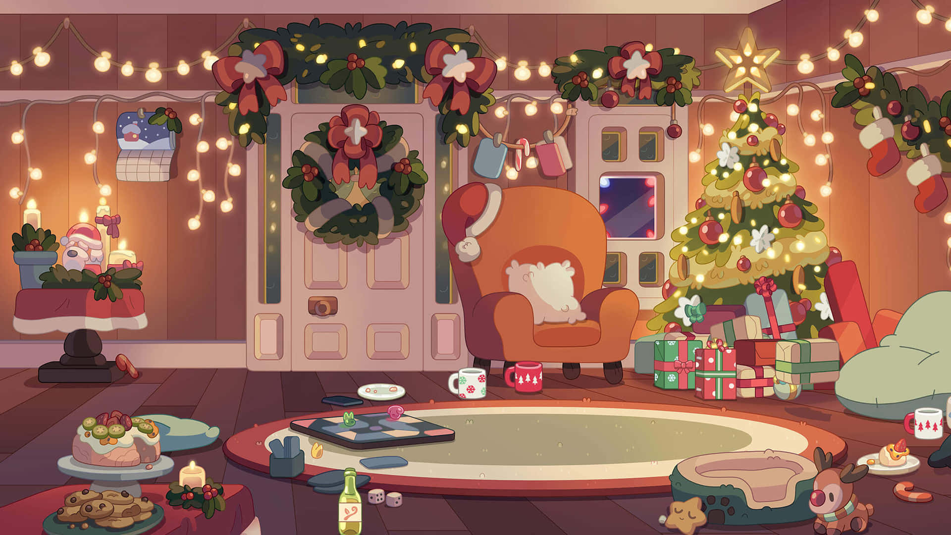 Cozy Christmas Living Room Illustration Wallpaper