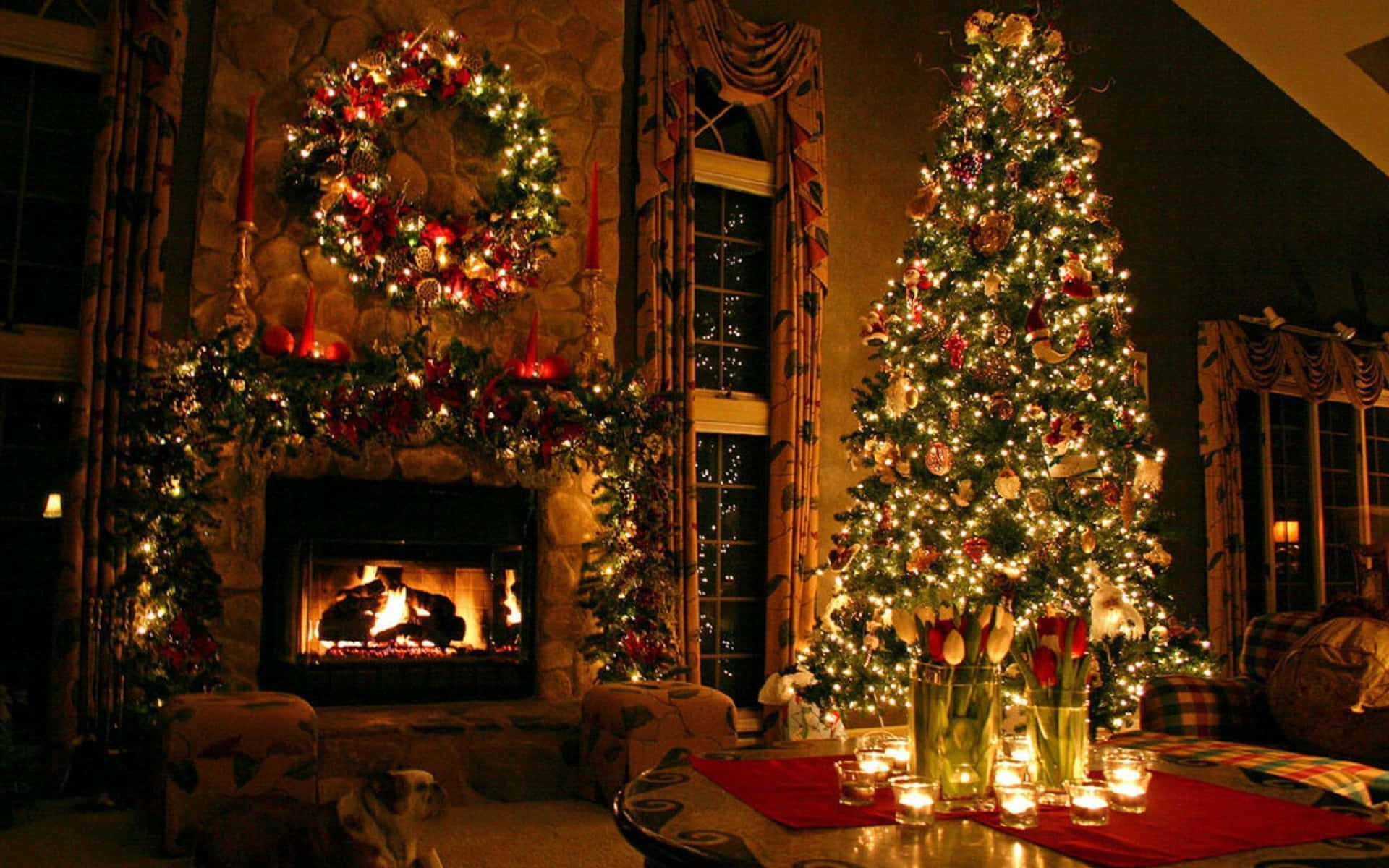 Cozy Christmas Fireplace Big Tree Wallpaper