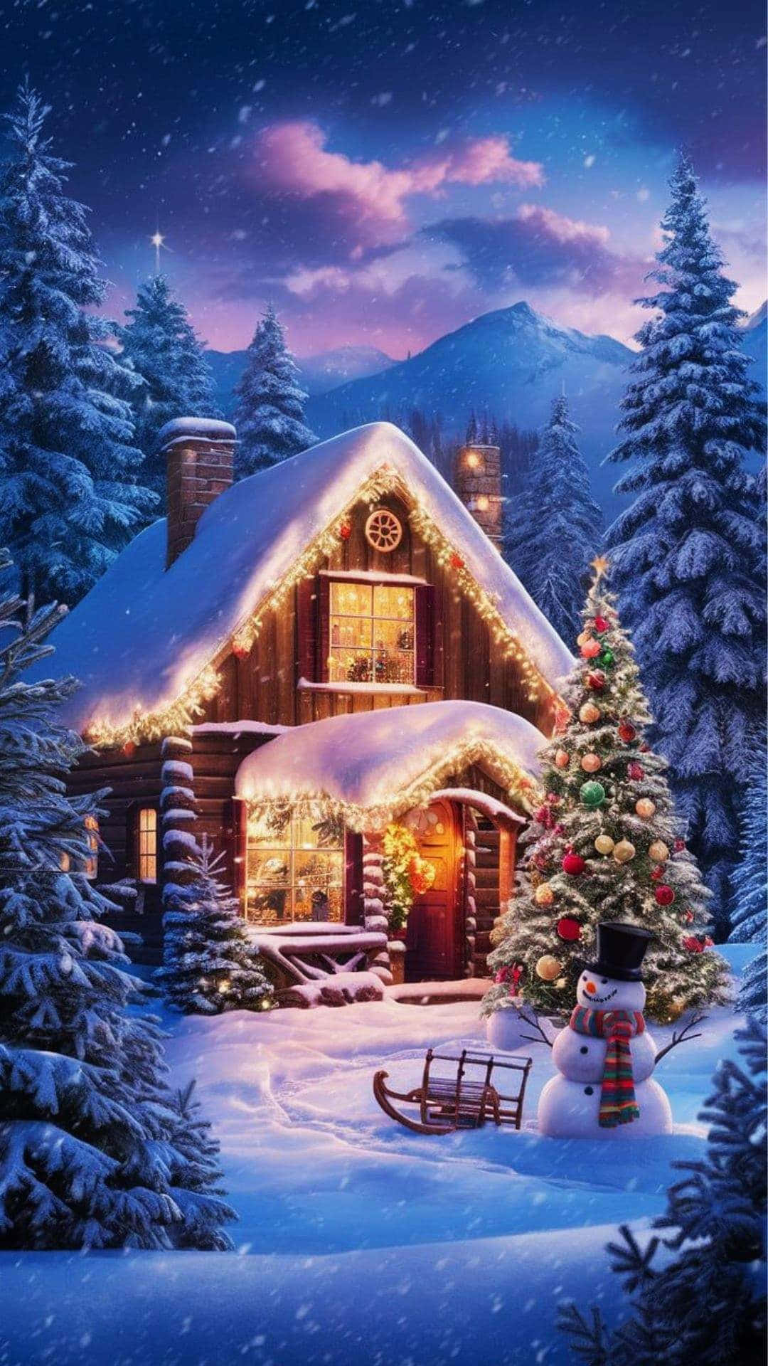 Cozy Christmas Snow Cabin Wallpaper