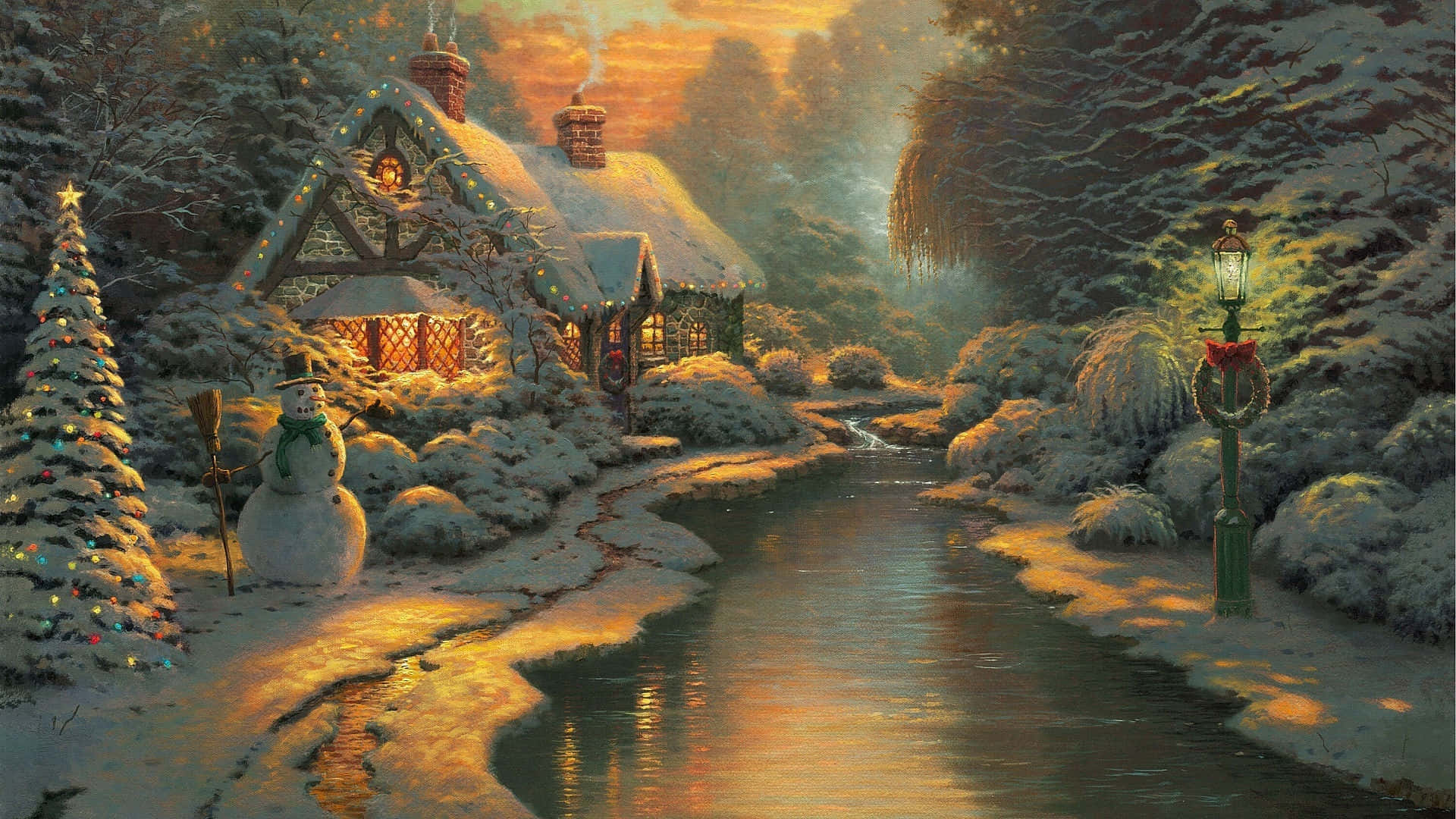 Cozy Christmas Landscape Illustration Wallpaper