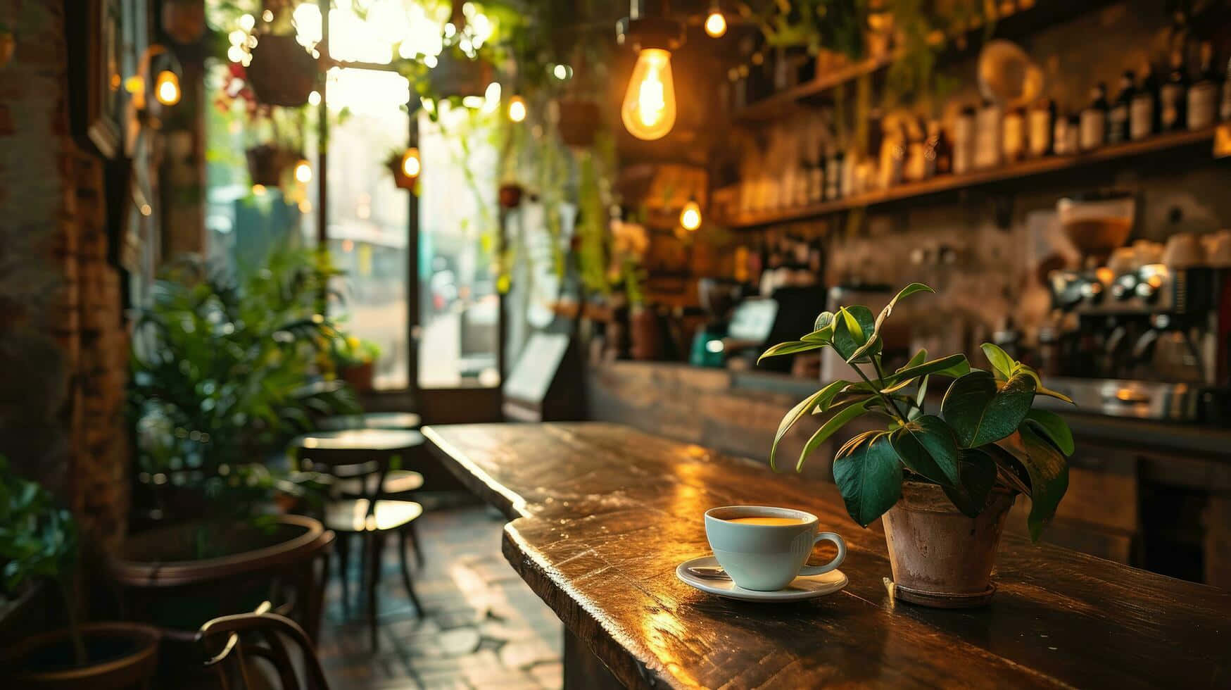 Cozy Coffee Shop Interiorwith Plants Wallpaper