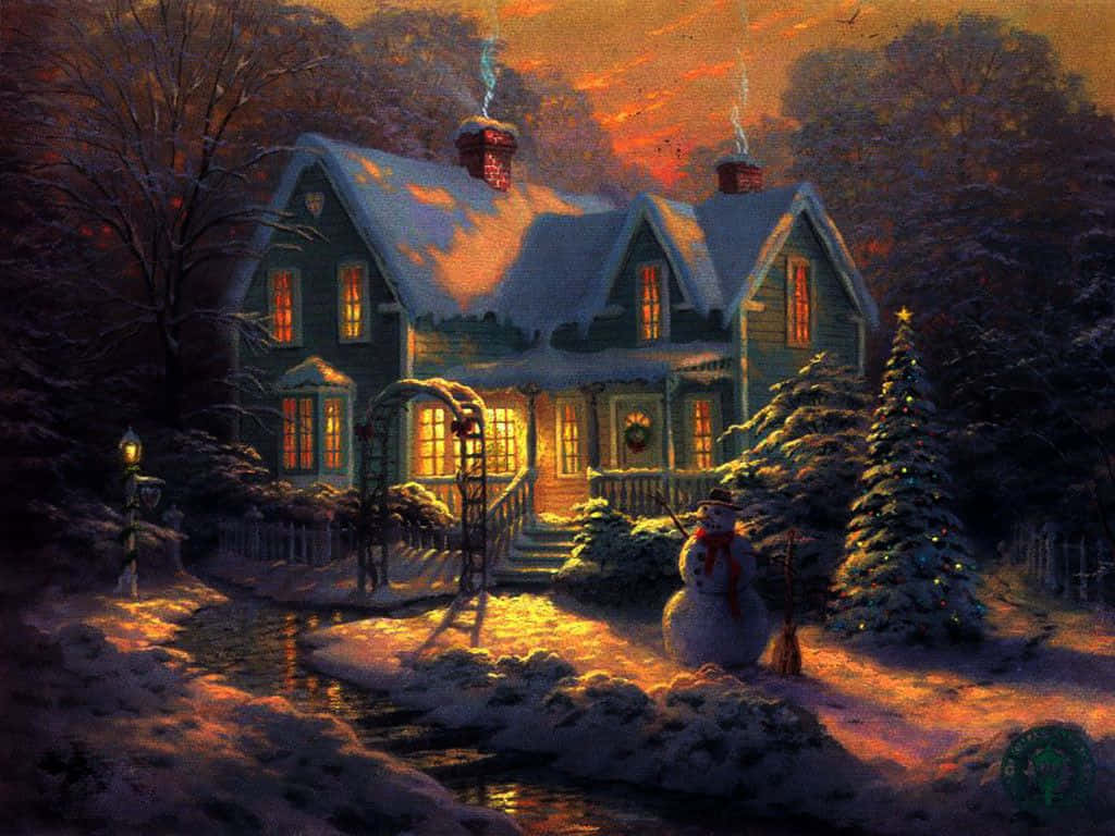 A Painting Of A Snowy House With A Snowman Wallpaper