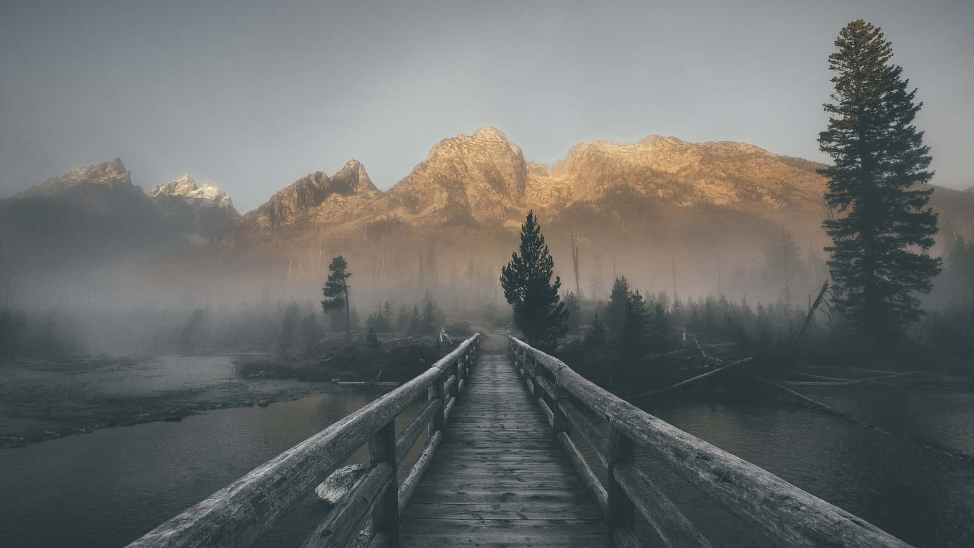 En træbro over en flod i bjergene Wallpaper