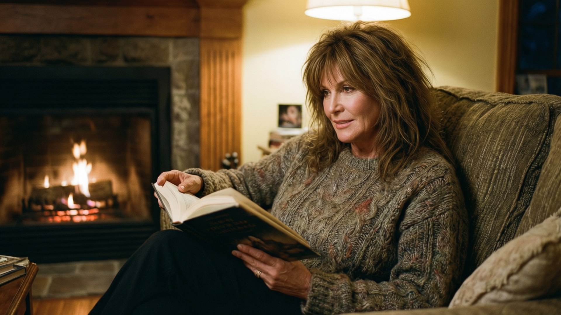 Woman reading book by fireplace in cozy living room