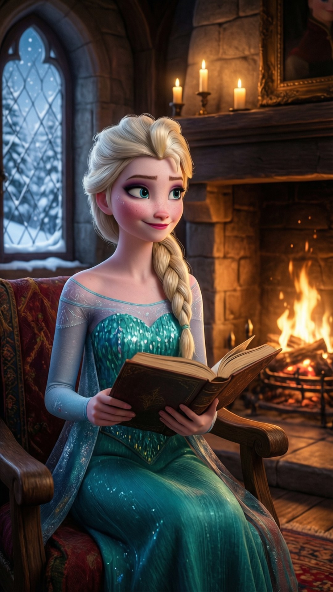 Elsa lisant près de la cheminée dans le château d'Arendelle.