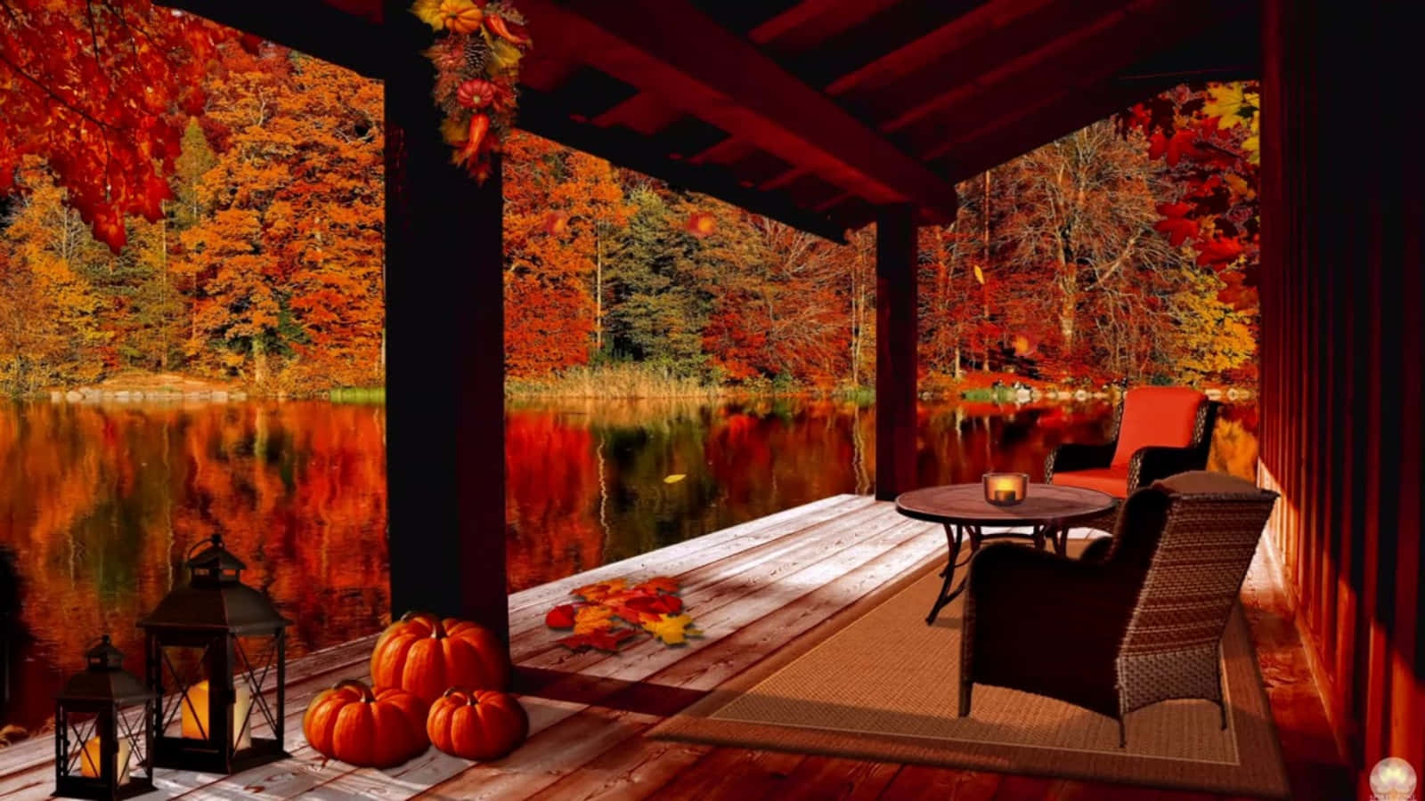 Nyd det rolige udsyn af hyggelig efterårs skrivebordsbaggrund. Wallpaper