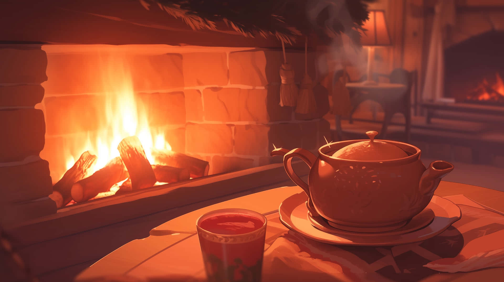 Cozy Fireplace Tea Time Wallpaper