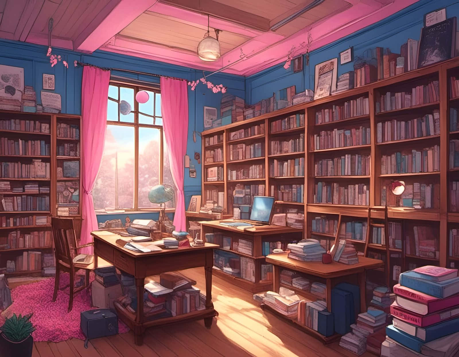 Cozy Home Library Sunset Glow Wallpaper