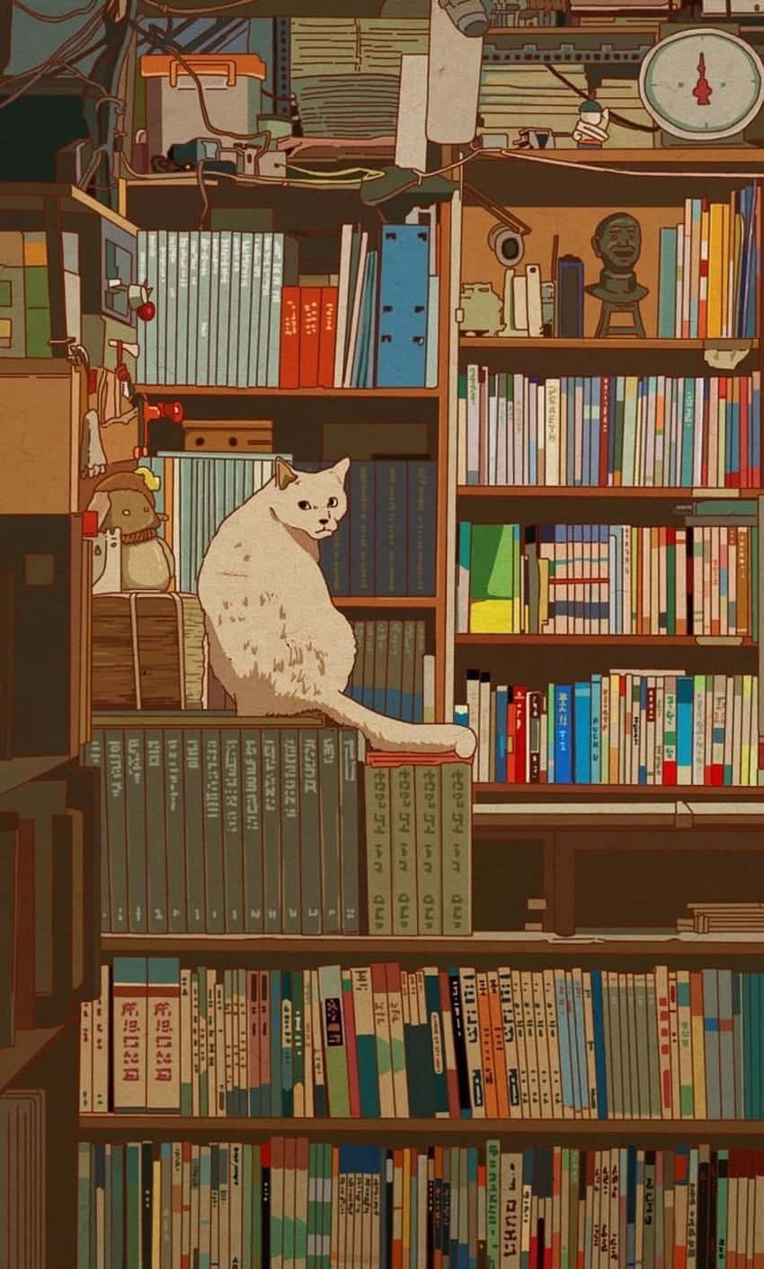 Cozy Library Cat Illustration Wallpaper