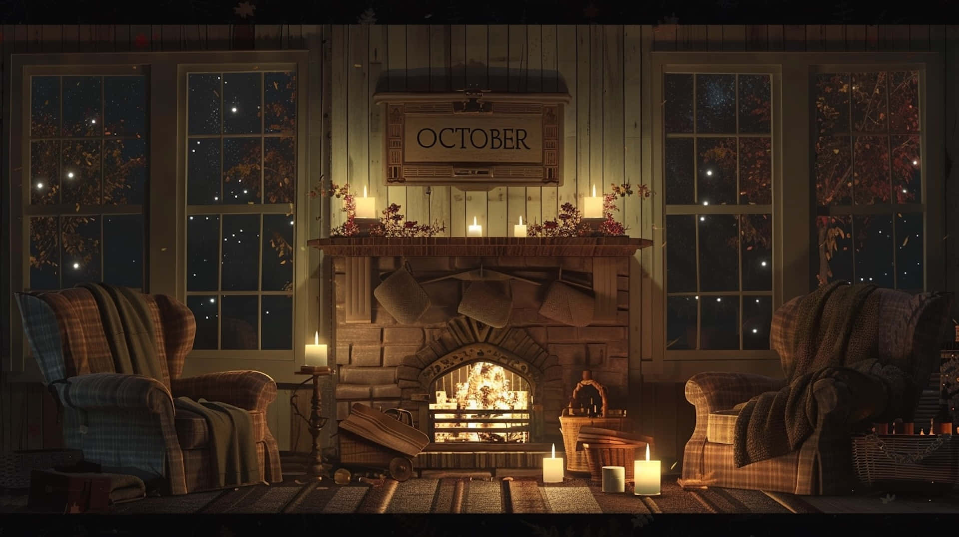 Cozy October Evening Fireplace Scene Wallpaper