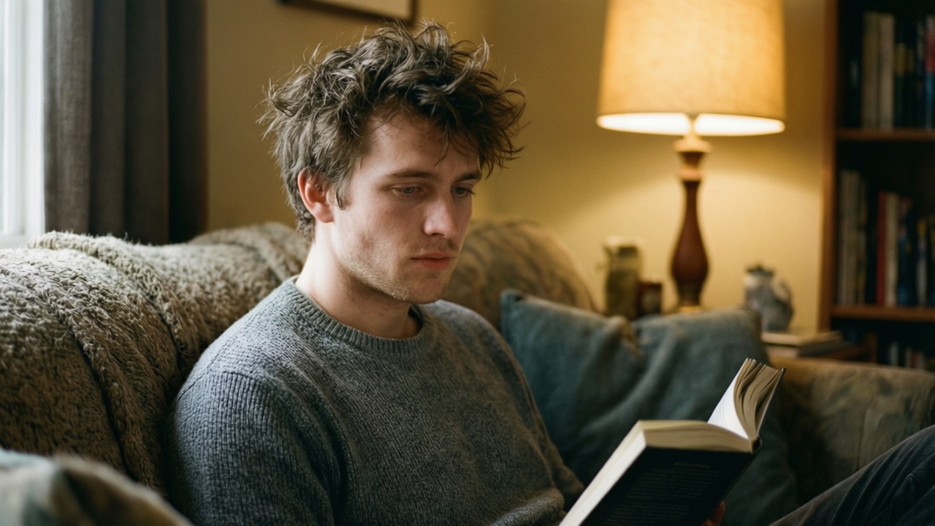 Noah Beck läser en bok på en mysig soffa med varmt lamp ljus, mjuk fokus