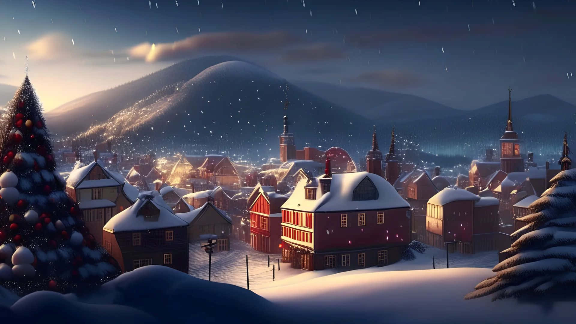 Cozy Snowy Christmas Village Wallpaper