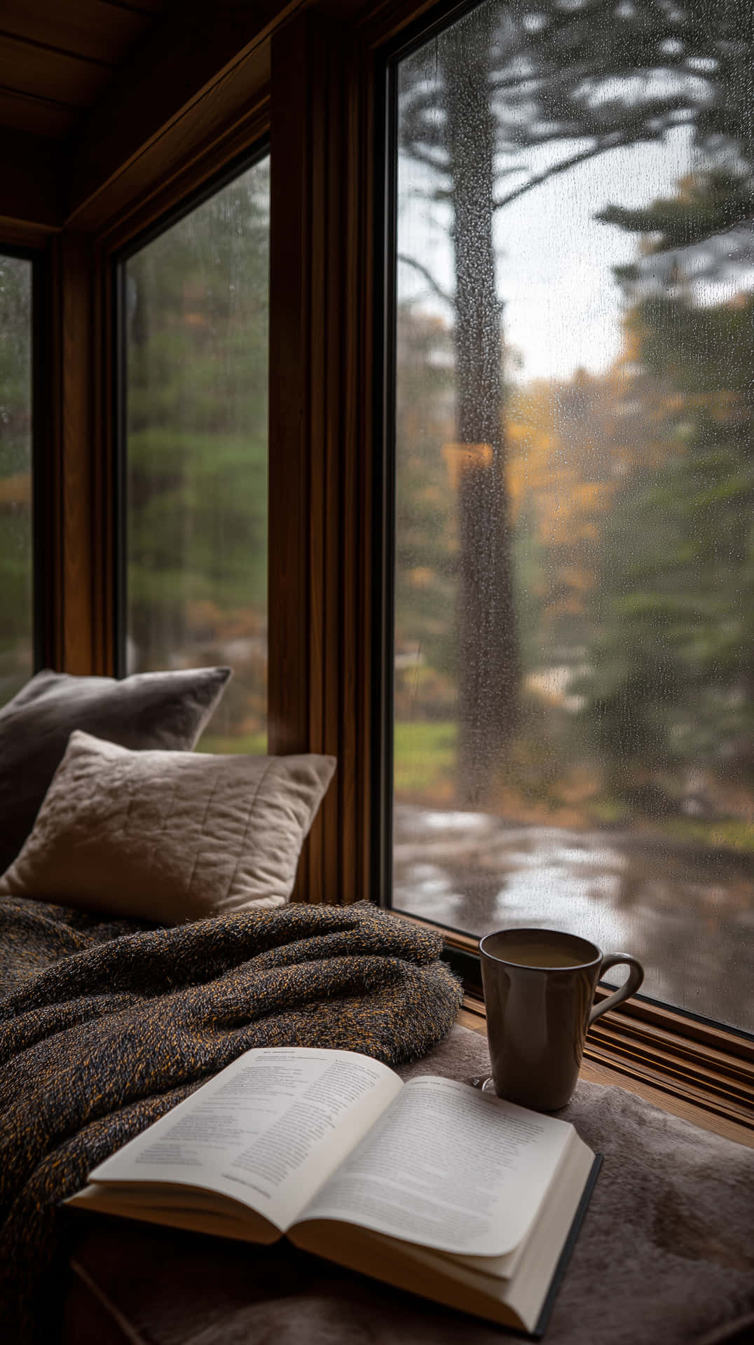 Cozy Window Nook On A Moody Rainy Day With Forest View Wallpaper