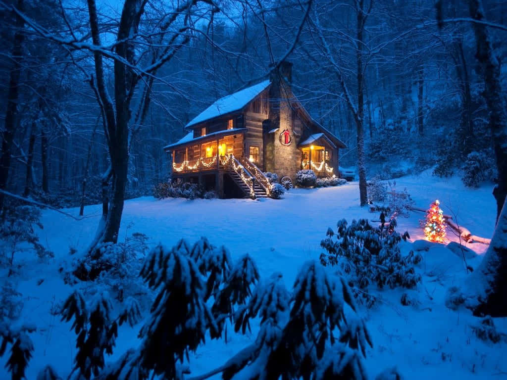 Warm and Inviting Cozy Winter Cabin Nestled in Snowy Woods Wallpaper