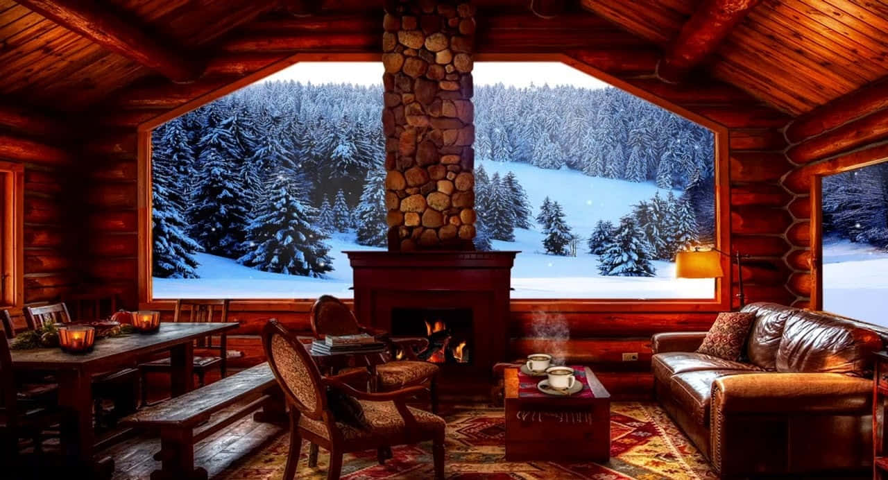 A Warm and Cozy Winter Cabin Nestled in Snowy Forests Wallpaper