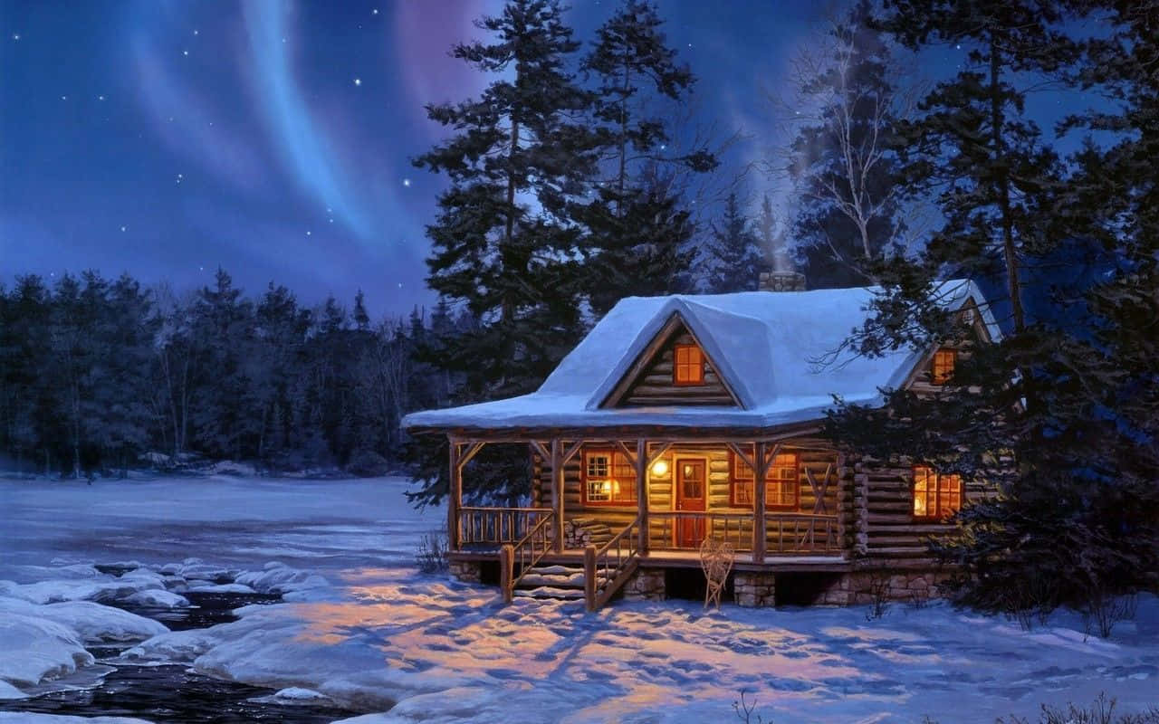 A Warm, Inviting Cozy Winter Cabin Nestled in the Snowy Woods Wallpaper